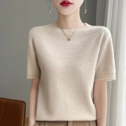 2025 Classic Seamless Cashmere Wool Pullover Fashion Short Sleeve Knitwear Sweater Round Neck Soft Warm Basic Clothing Tops