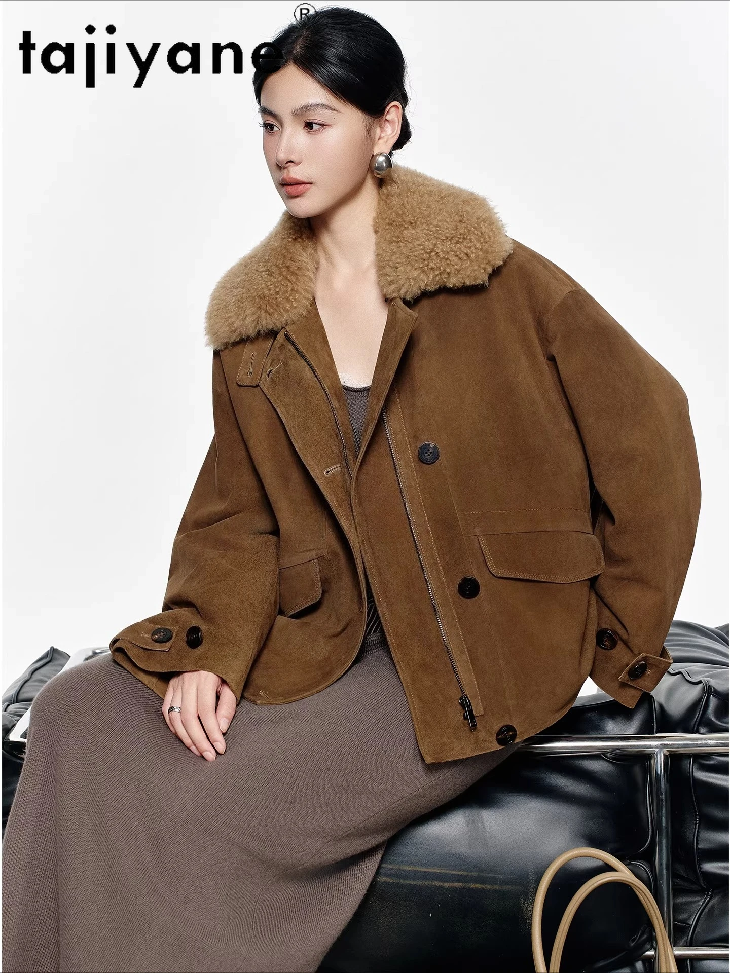 TAJIYANE 100% Skóra naturalna, płaszcz z puchem gęsim, damski płaszcz z kaszmirowym kołnierzem, krótka kurtka ze skóry naturalnej, odzież damska 2025, nowa kolekcja wierzchnich odzieżowych elementów.