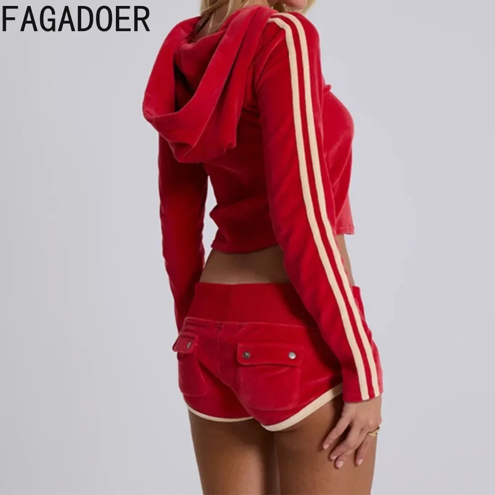 FAGADOER Autumn Velvet 2 Piece Sets Outfit Women Casual Zip Drawstring Hooded Sweatshirt Top + Shorts Suit Joggers Sportswear