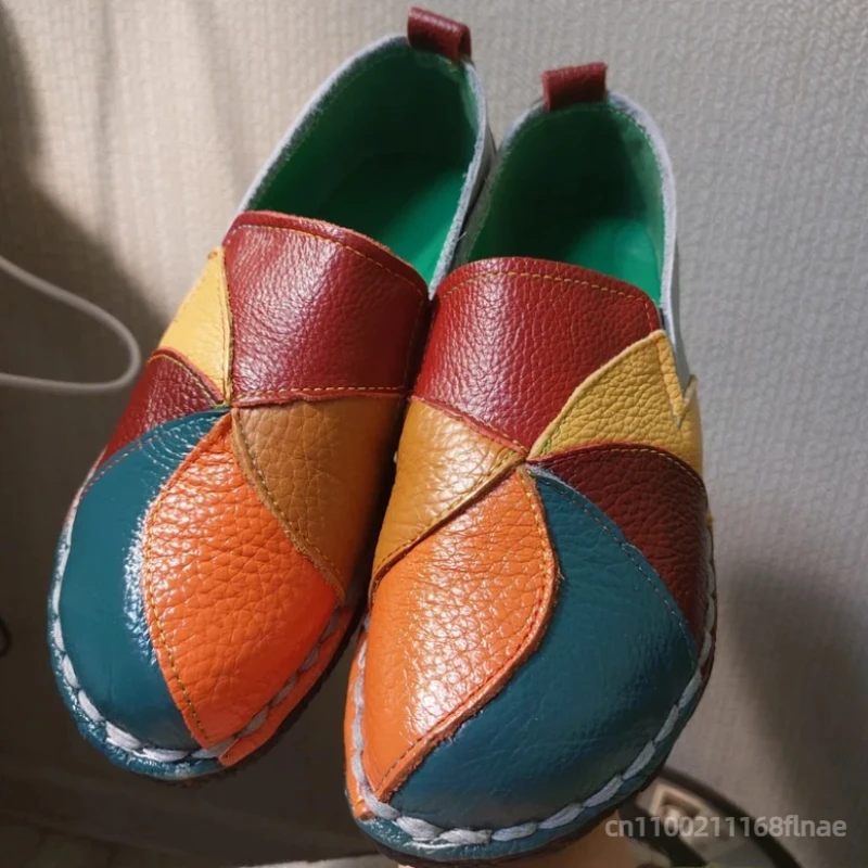Neue Street-Dance-Schuhe, Damenschuhe im Ethno-Stil in Übergröße, farbblockierte Retro-Lederschuhe mit flachem Absatz und weicher Sohle