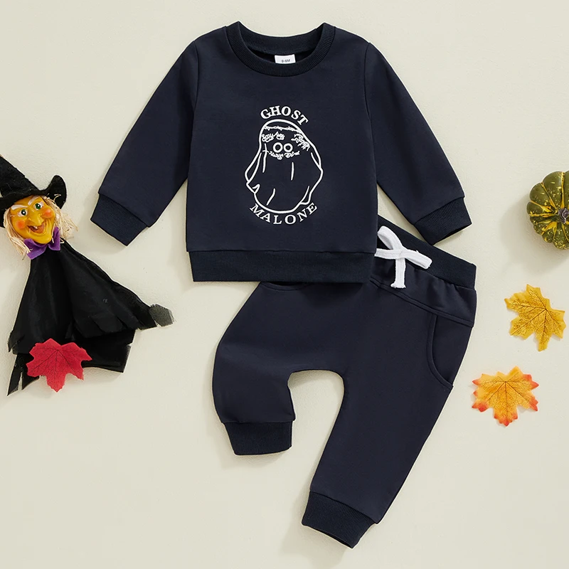 

2024-07-08 Lioraitiin 0-3Y Baby Halloween Set, Letter Ghost Print Long Sleeve Sweatshirt with Elastic Waist Sweatpants Clothes