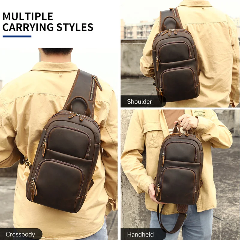 New vintage simple men's chest bag made of crazy horse leather, top-layer cowhide, multifunctional, portable, suitable for commu