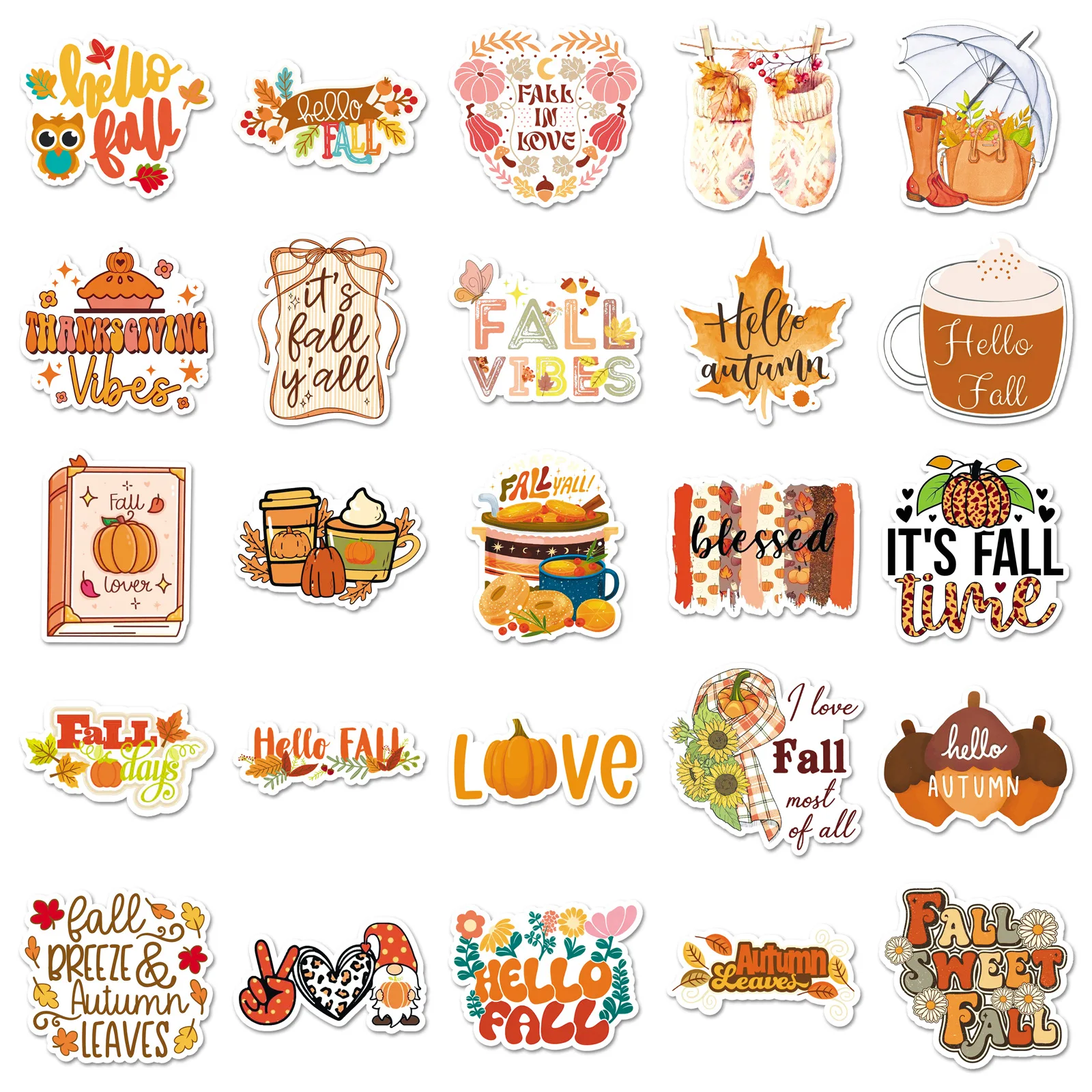 

50PCS Cartoon HAPPY FALL Autumn Stickers English Phrase Creative Waterproof Graffiti Decal Toy Gift for Bicycle Guitar Water Cup