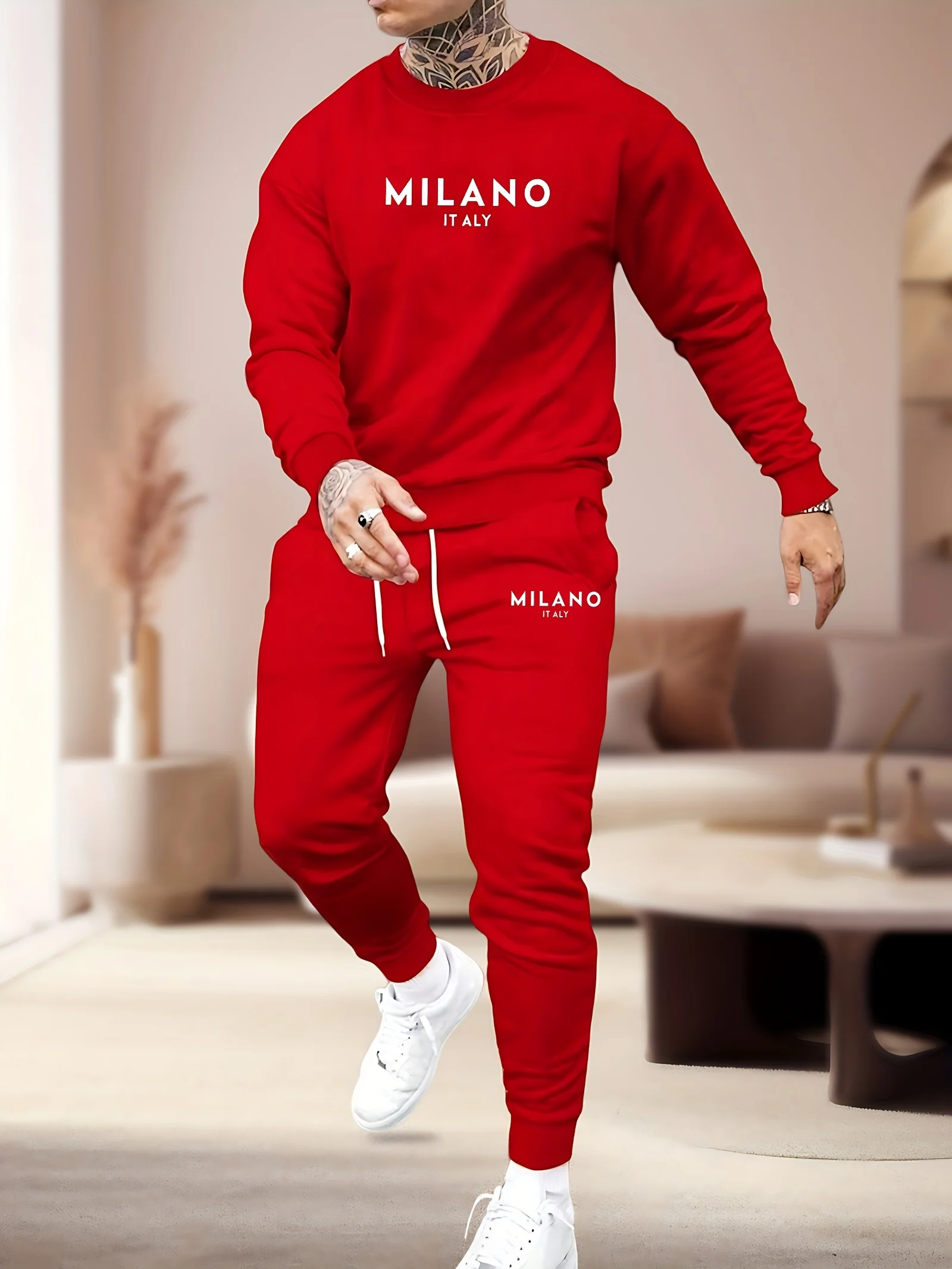 

High Quality Round Neck Long Sleeved Fashionable Printed Men's Two-piece Set Trendy And Versatile Hoodie And Sports Pants Set