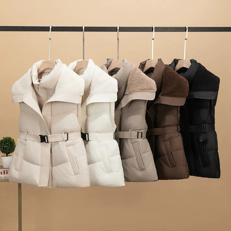 Korean Style Down Cotton Vest New 2026 Women's Autumn Winter Splicing Lamb Wool Together Sleeveless Coat Parka Cotton Vest Clip