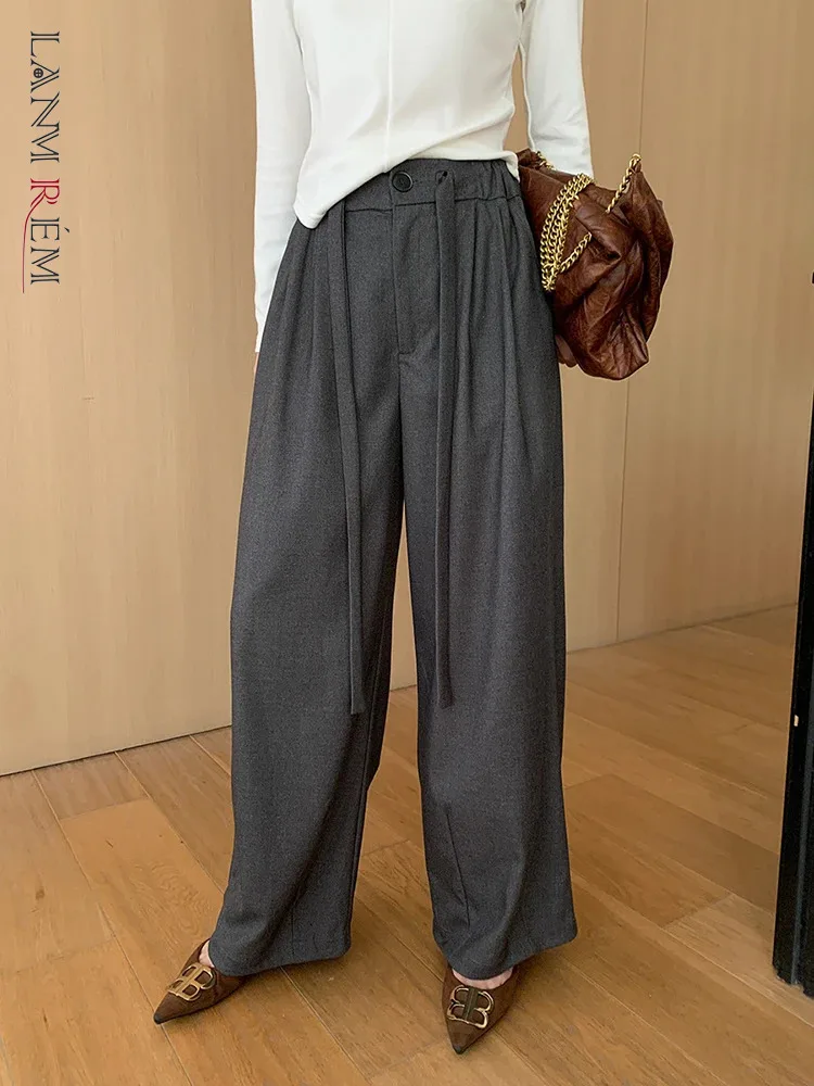 

[LANMREM] Drawstring High Waists Wide Leg Pants For Women Straight Office Lady Loose Fashion Clothing 2024 Autumn New 26C142