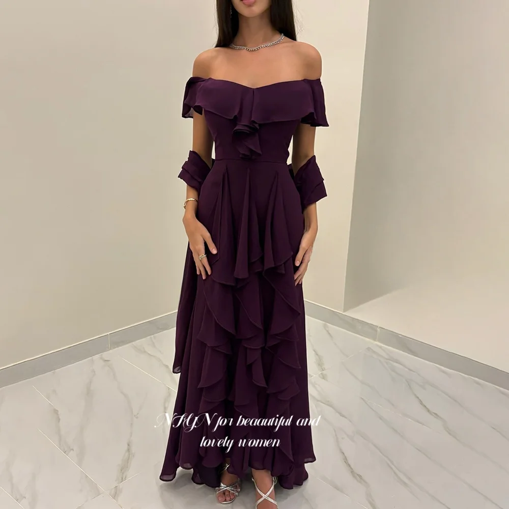 

NFYN Ruffles Prom Dresses A Line Party Dress Chiffon Removable Sleeve Evening Dress for Arabic Women robes de soir Customized