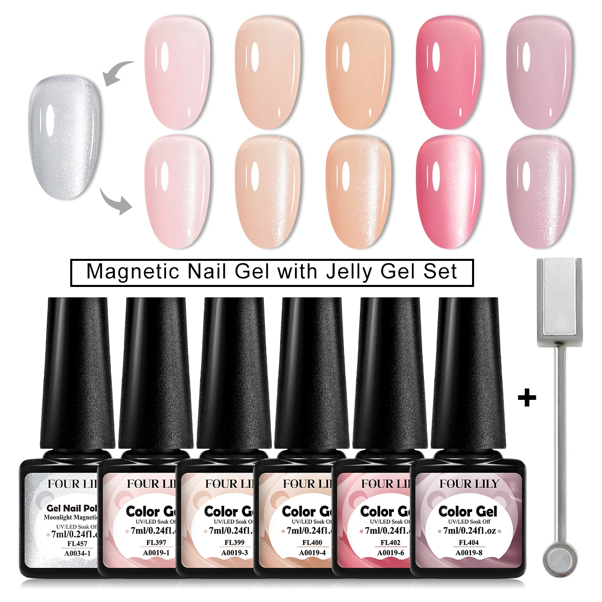 FOUR LILY 6개 젤리 마그네틱 젤 네일 폴리쉬 세트 핑크 레드 브라운 젤리 투명 젤 매치드 캣 마그네틱 젤 키트 매니큐어