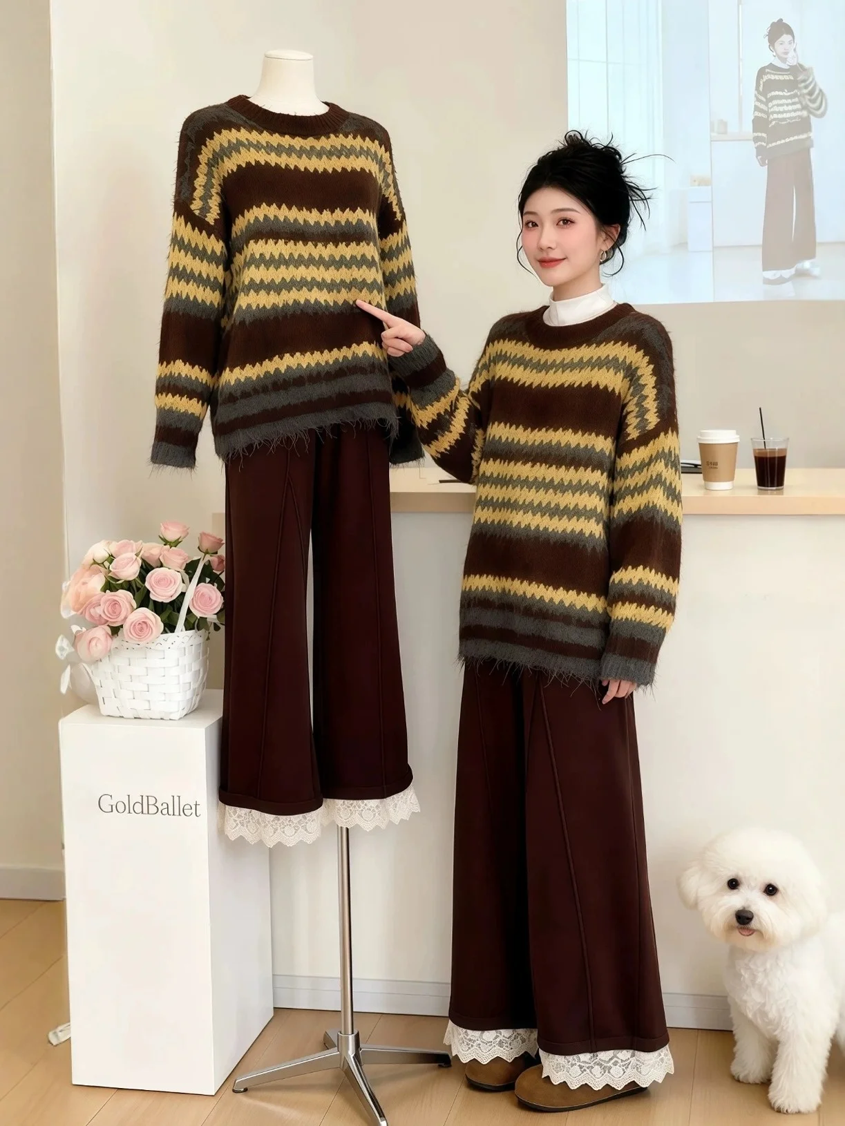 

Winter Casual Striped Knit Sweater And Wide Leg Pants Two Piece Set plus Size Women's Fashion Comfortable Breathable Clothing