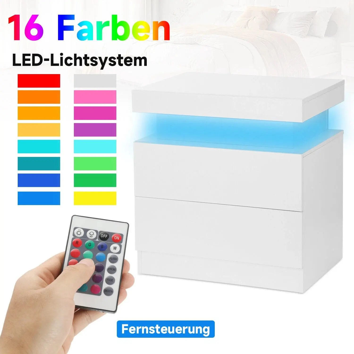 طاولة بجانب السرير بيضاء مع درجين، درج علوي واحد، خزانة بجانب السرير مع 4 جوانب عالية اللمعان، طاولة جانبية بإضاءة LED RGB لغرفة النوم #3