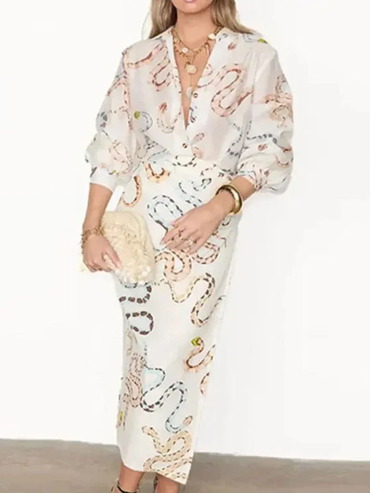 カジュアル長袖ボタンアップ襟レディーススカートスーツルーズ V ネックプリントトップハイウエストハーフスカート夏のスーツ女性のための