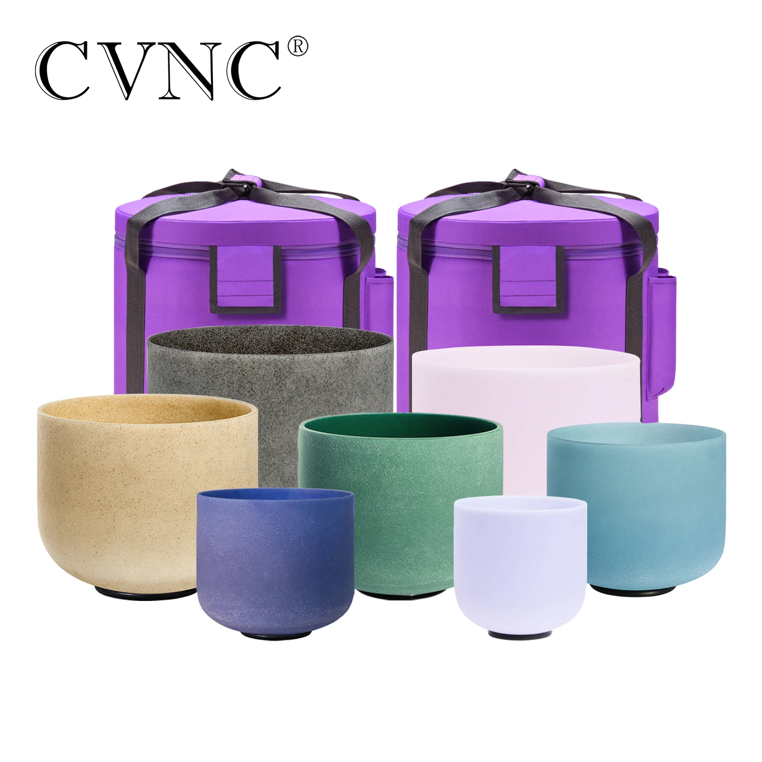 CVNC 6-12 Inch Gemstone Fusion Chakra Quartz Crystal Singing Bowls Set of 7pcs for sound therapy instruments With Free Bags