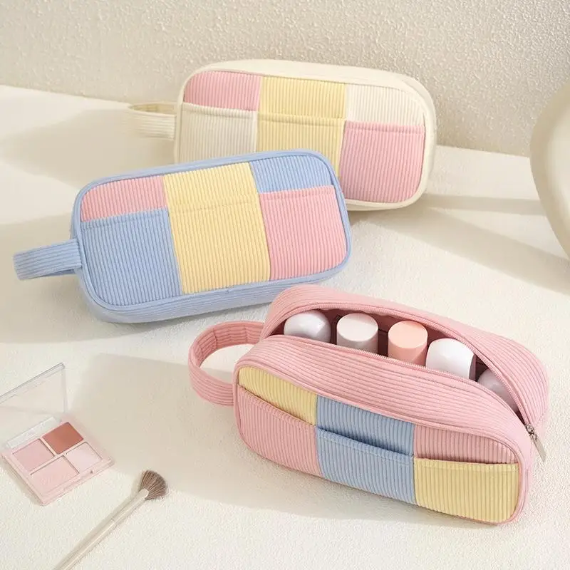 Corduroy Double Layer Portable Makeup Bag Large Capacity With Brush Storage Slots Perfect For Travel Daily Cosmetic Organizer