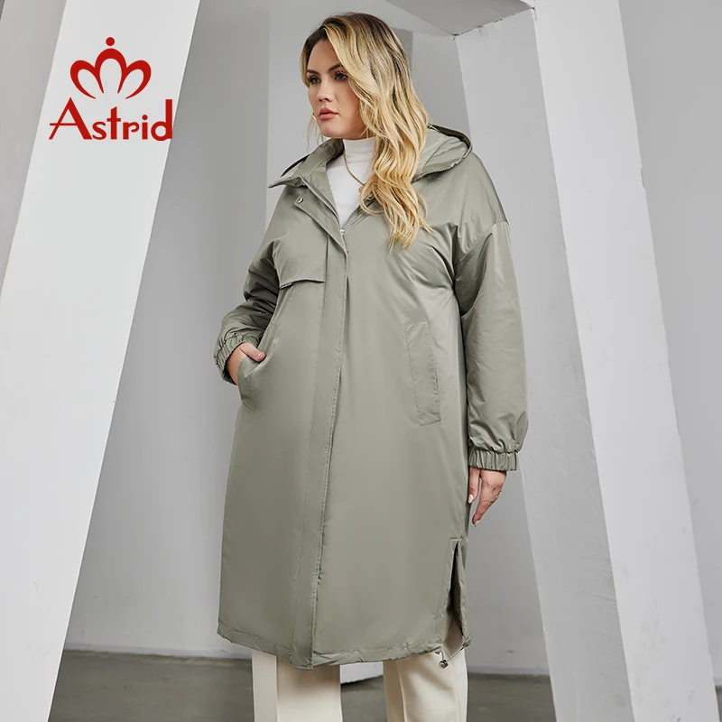 Astrid Autumn Winter Women's Jacket Long Thin Cotton Trench Coat Hood Split Hem Warm Loose Padded Parka Plus Size Women Clothing