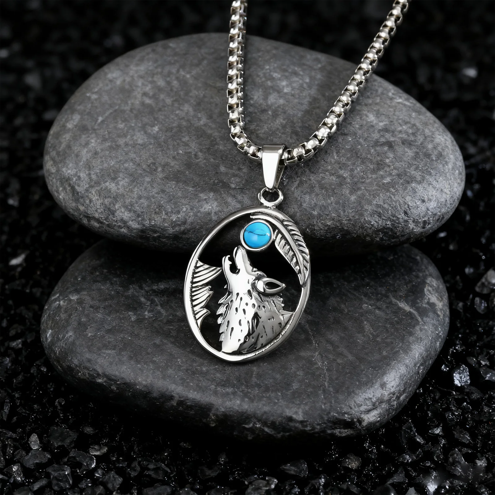 

Punk Wolf Head Oval Necklace for Men,Sliver Color Stainless Steel Pendant with Turquoise Stone,Anniversary Father Gift