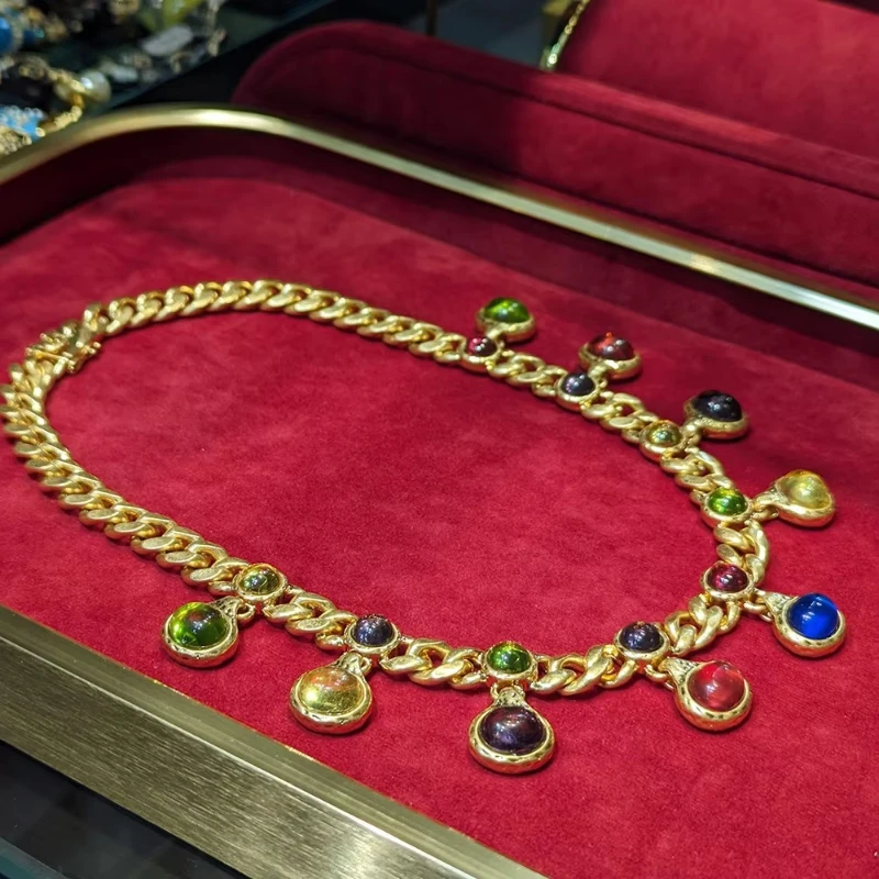 

Vintage Europe America Classic Brass Gold Plated Colored Glass Necklace Women Top Quality Jewelry Trend