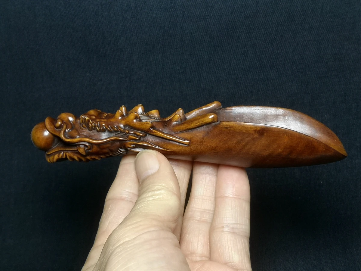 1919 Japanese boxwood Hand carved Dragon Statue Tea Spoon old Decoration gift collectable L 6.2 in