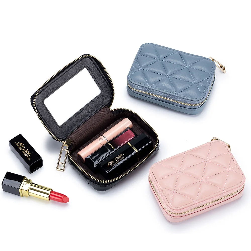 Genuine Leather Fashion Headset Bag Diamond Grid New Portable Lipstick Bag Mini Makeup Bag Coin Purse With Mirror