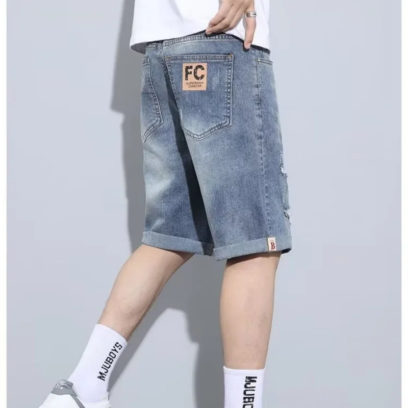 Summer Straight Hole Elastic Casual Denim Shorts Men Embroidery Print Patchwork Button Pocket Zipper Versatile Five-Point Pants