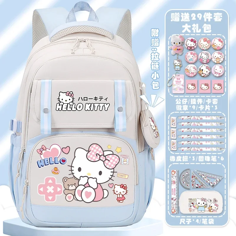 Sanrio Hello Kitty bonito Schoolbag, mochila dos desenhos animados femininos, grande capacidade, portátil Burden Reduction mochila de estudante, novo