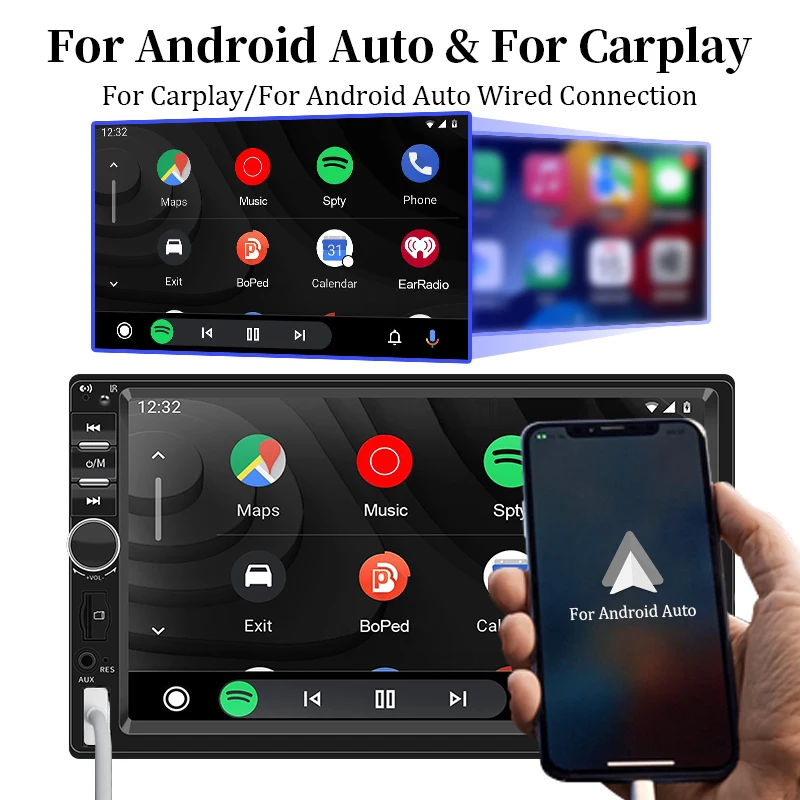 Hippcron 7” 2DIN Carplay Android Auto 12V Car Radio MP5 Multimedia Player FM Receiver ISO Power Aux Input USB BT5.1 Mirror Link