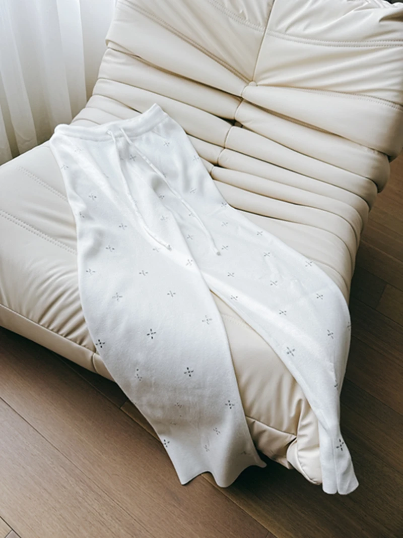 

Laid-ba Korean Sle Casual Woolen Camere Knitted Snowflake Wide Leg Pants Sparkling Diamond Leisure Trousers for Women