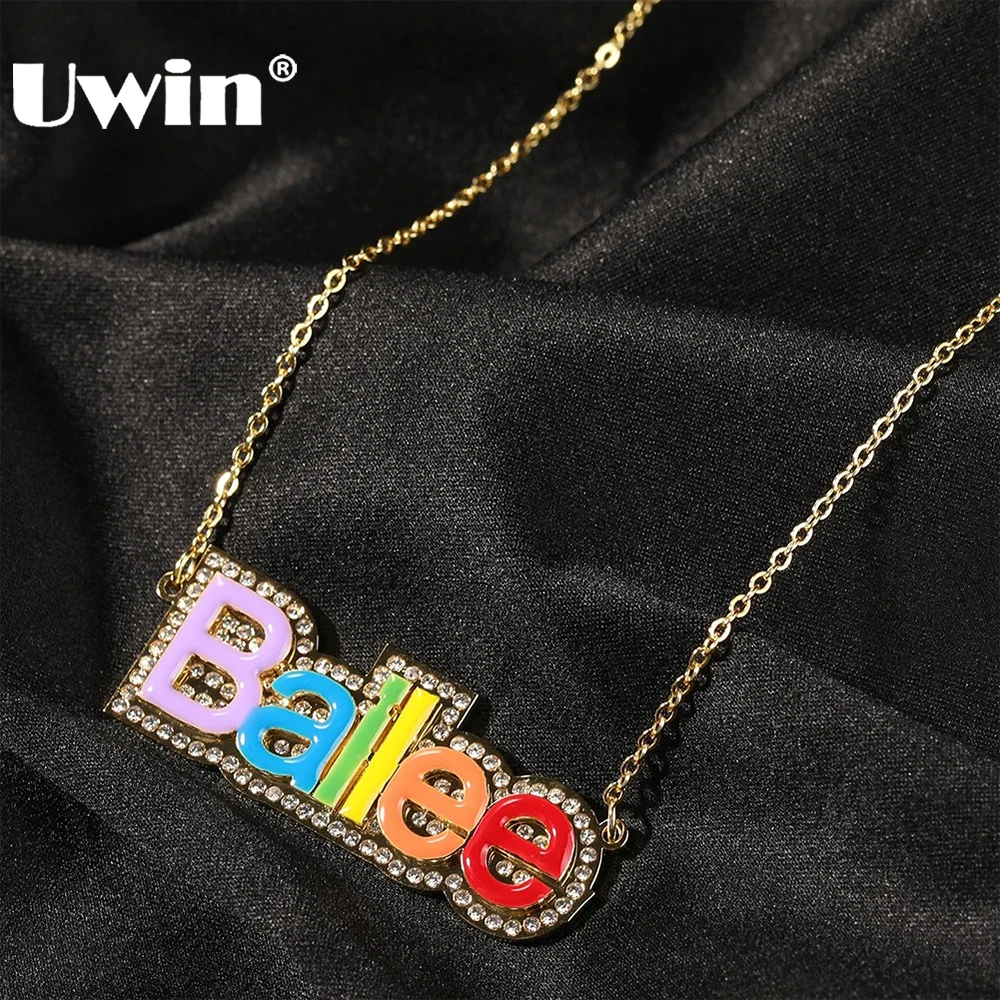 

UWIN Customized Name Necklace for Women Stainless Steel with Rhinestones enameled Letters Pendant Fashion jewelry for Gift