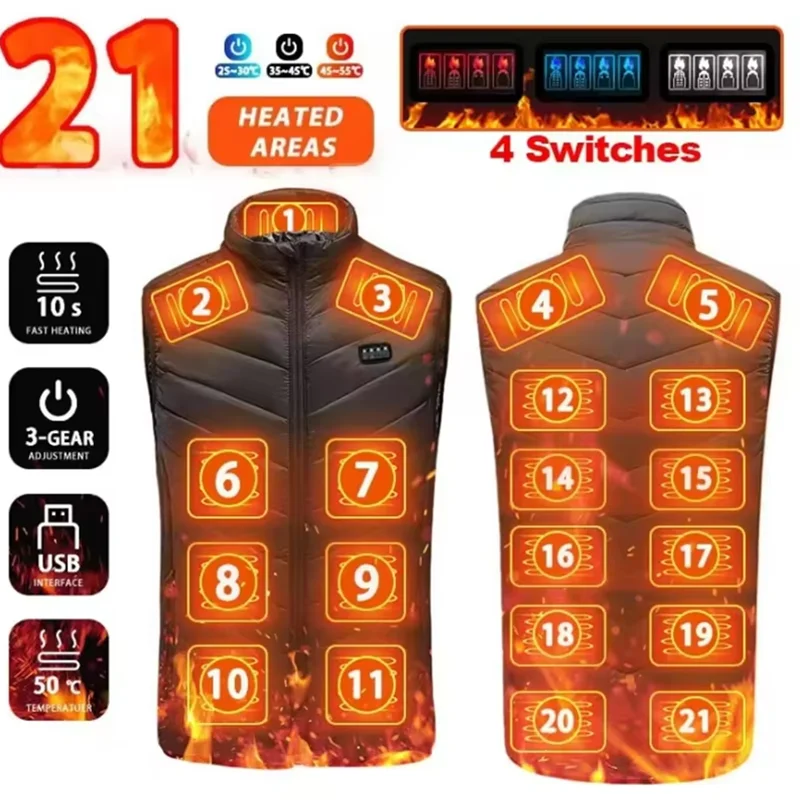 21 beheizte Zonen, elektrisch beheizte Jacken für Damen und Herren, Sportbekleidung, beheizter Mantel, Graphen-Heizmantel, USB-Heizjacke für Camping – Detail 4