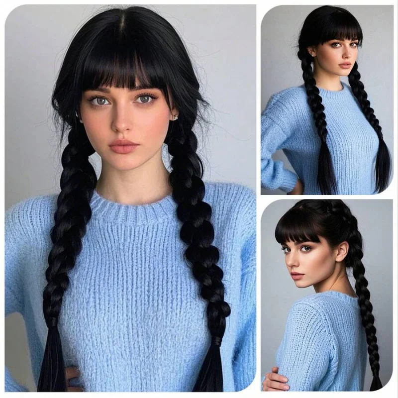 

Синтетический плетеный парик с челкой, из высокотемпературного волокна, черный, для костюмированных вечеринок