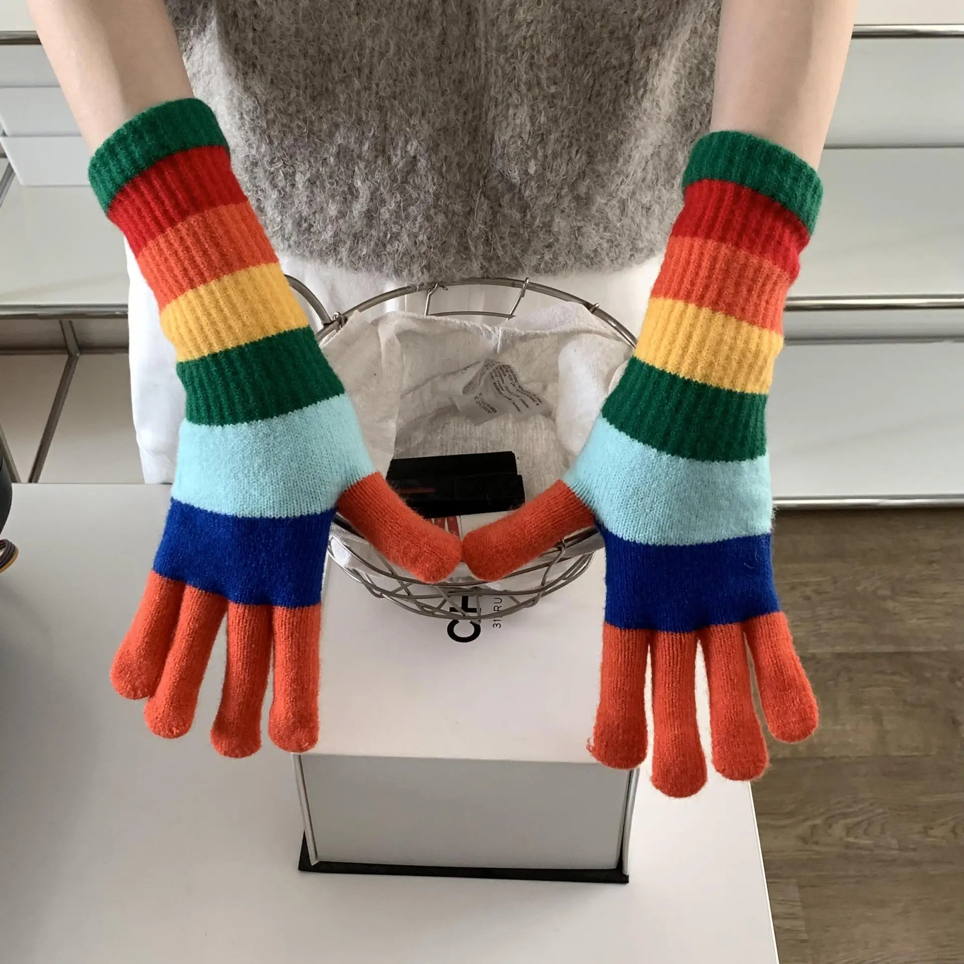 Women's Rainbow Touchscreen Gloves, Warm Mittens, Knit, Winter, Youth Girls, Students, Cold Weather