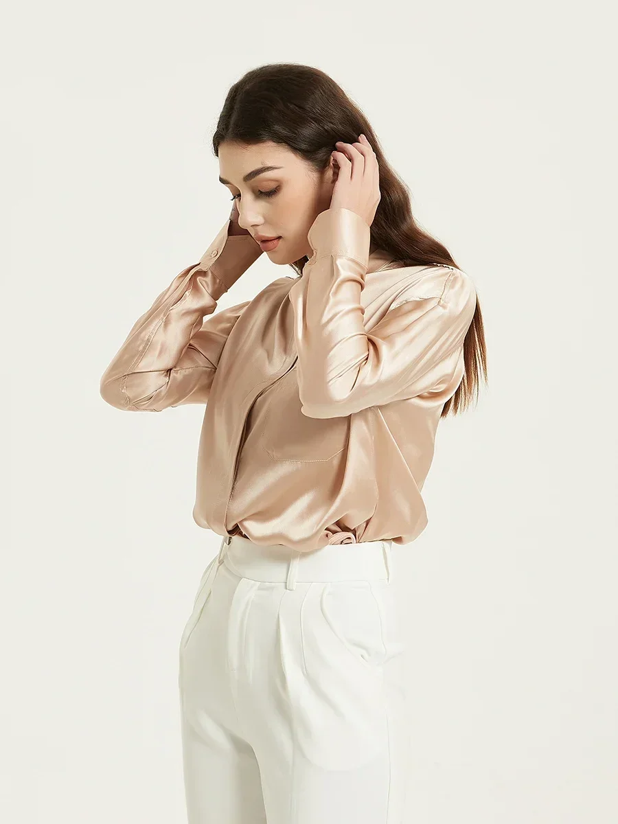

Woman Solid Shirts 100%Real Silk Single Chest Pocket Round Neck Blouses 2023 Spring Summer Office Lady Top Pink