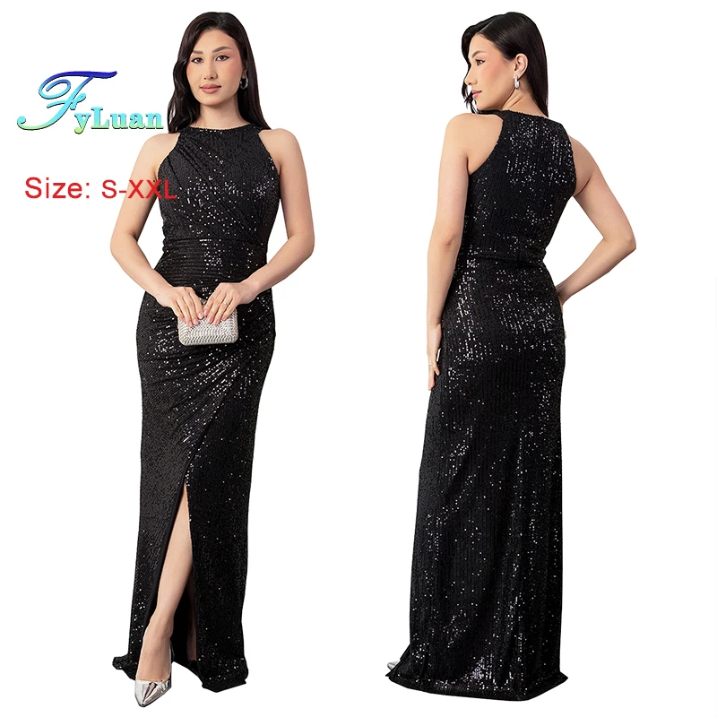 

2025 New Popular Desiqn Women Slimming Long Dress Elegant Shiny Sequin Hem Slit Sleeveless Dress Celebrate Ceremony Ladies Dress