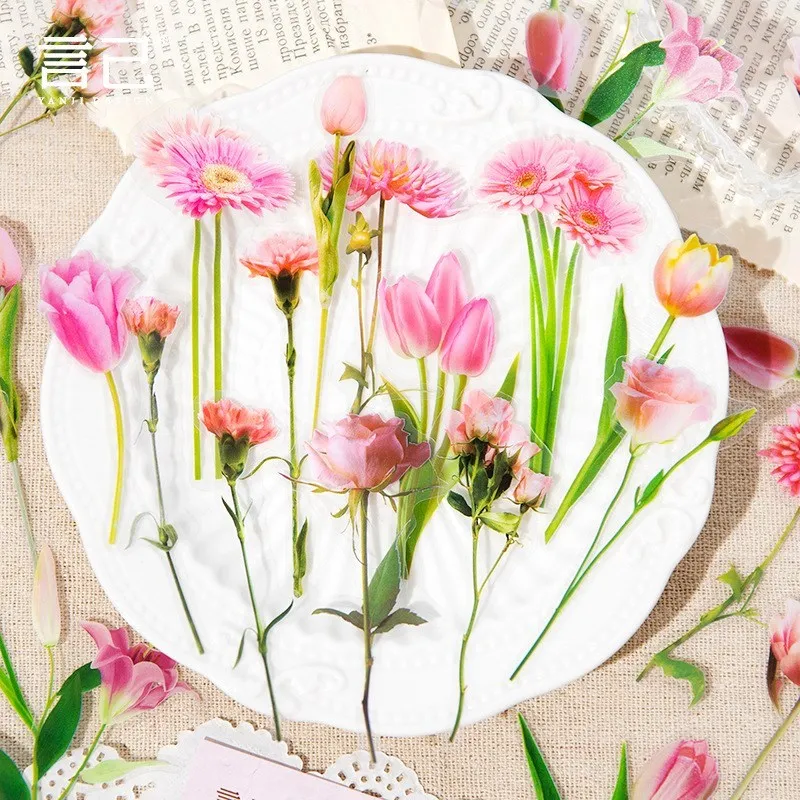 20 Pcs Transparent Flower Stickers PET Flower Plant Stickers For Scrapbooking Journal Album Laptop Card