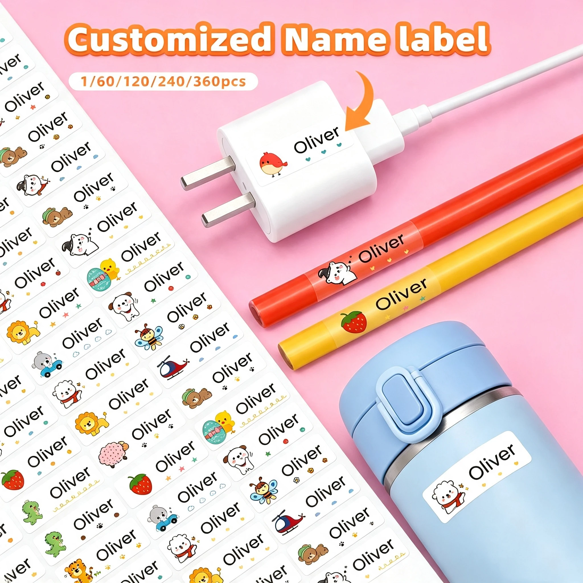 1‑360PCS Custom Waterproof Personalized Name Stickers for Water Bottles, Device Accessories Shells, Pencils, Pencil Cases