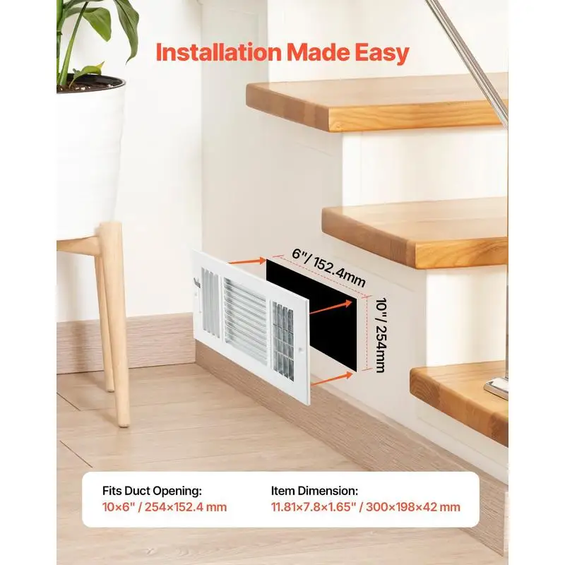 

6 x 10 Inch Floor Registers, 6-Pack Floor Vents, HVAC 3-Direction Iron Vent Grilles for Home/Office Wall & Ceiling, Rustproof Anti-Peeling Air Vents Deflector Adjustable with Metal Damper, White