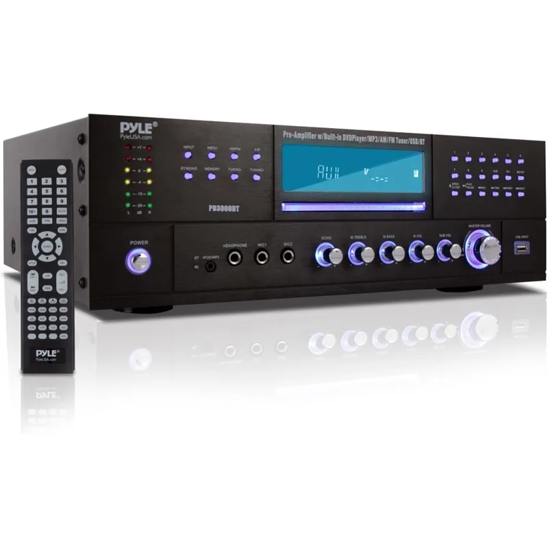 Trading Pyle Receptor amplificador Bluetooth de cine en casa de 4 canales - Altavoz estéreo de 3000 vatios Receptor de audio para el hogar con radio, USB,