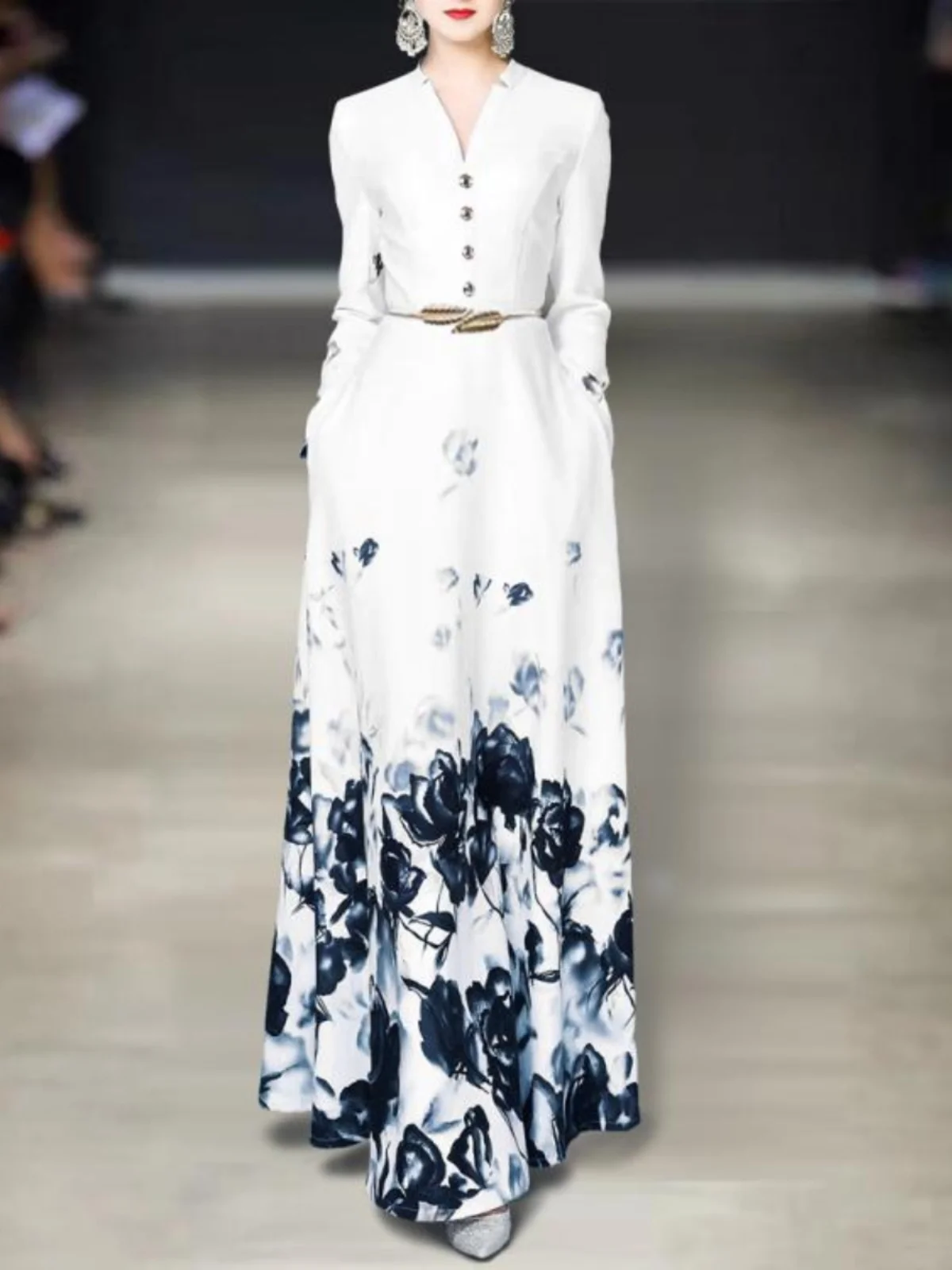

Ele Long Evening Gown Floral Print High Quali Fabric Sli Ladylike Dinner Dr Polyester Fiber Bubble Sve V Ne