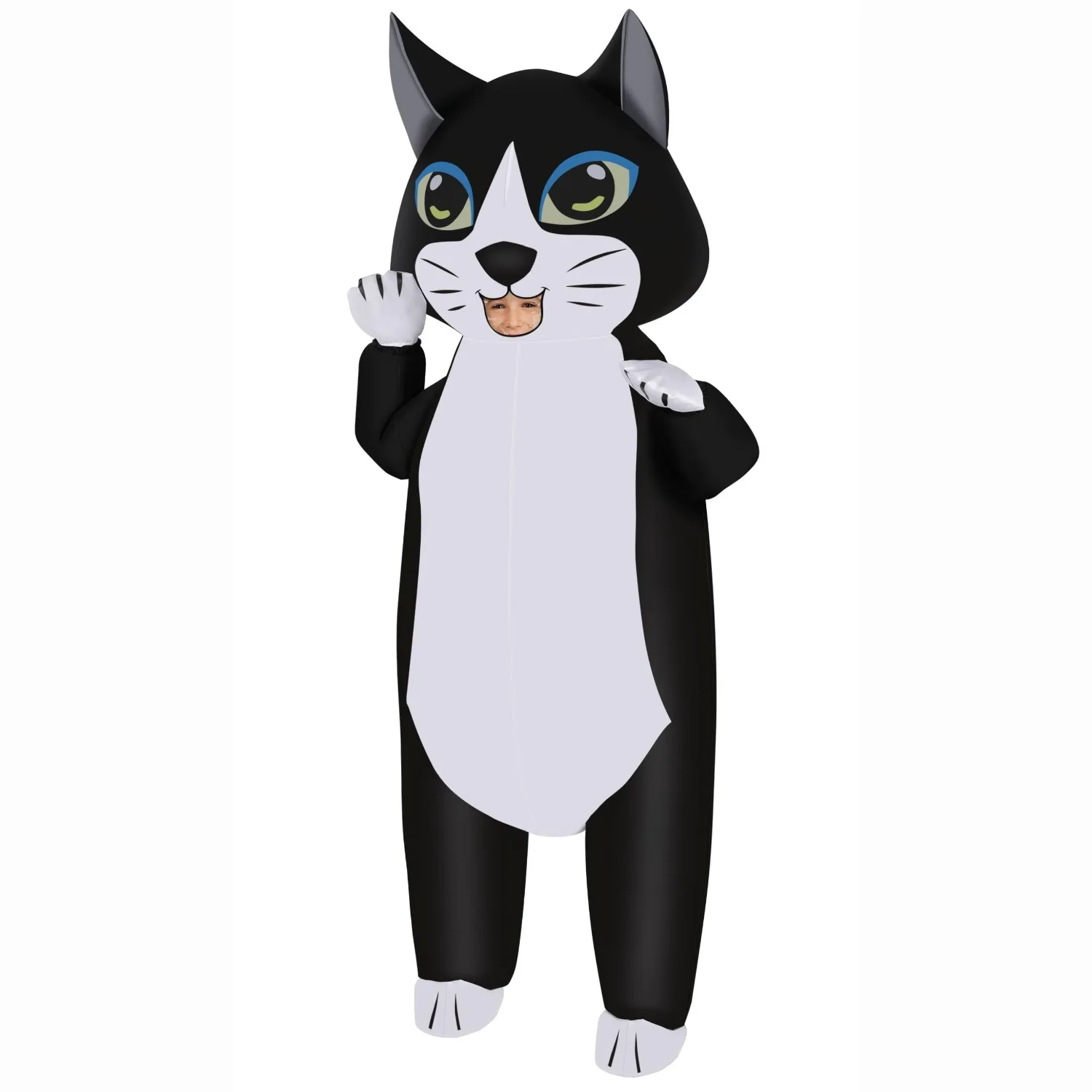 Inflatable Cat Costume Adult, Black White Funny Cat Blow Up Costume with Paws and Ears for Halloween Party, Dress Up Events