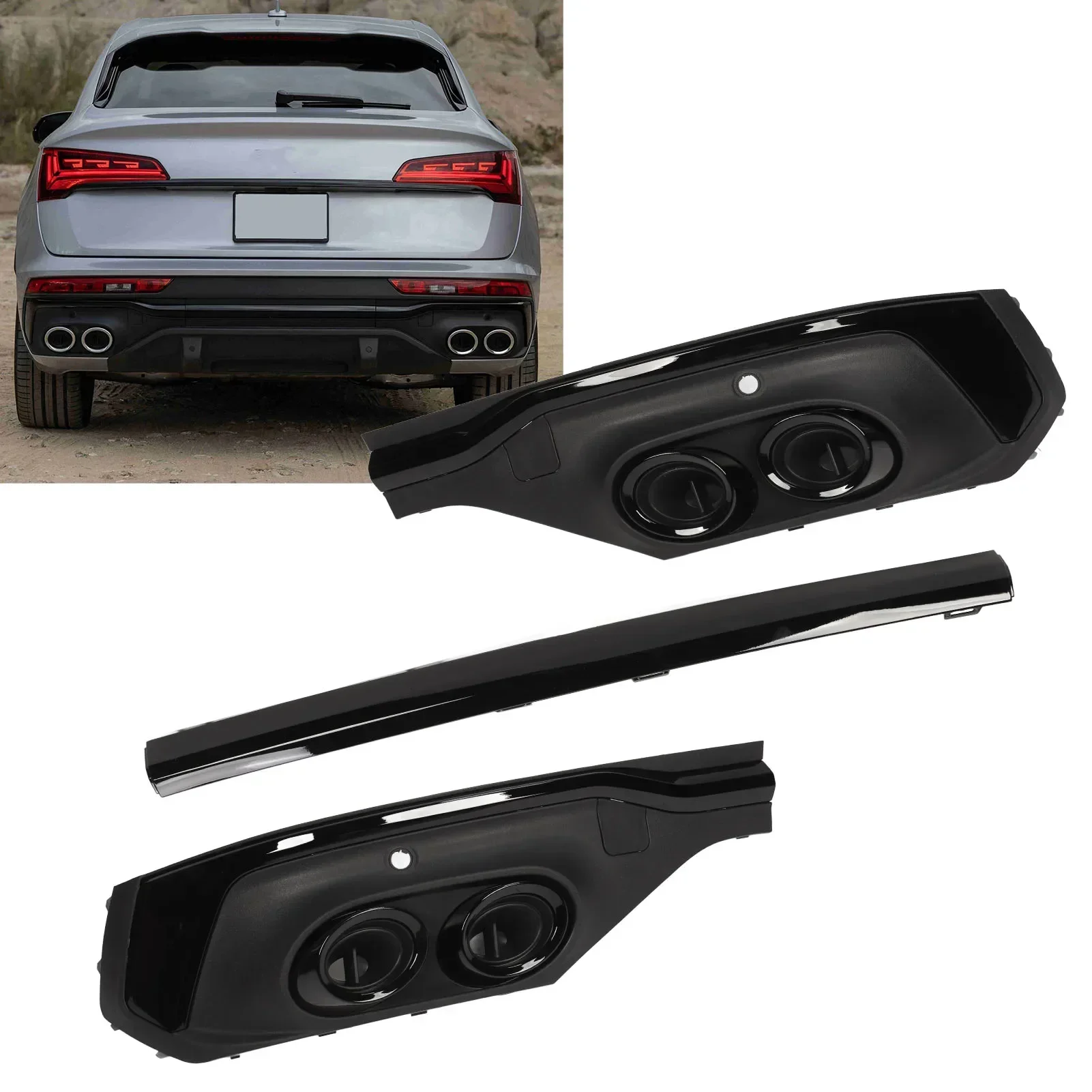 Black Rear Bumper Exhaust Pipe Diffuser Trim Glossy Black Lip Spoiler For Audi SQ5 Q5 Sportback 2021+