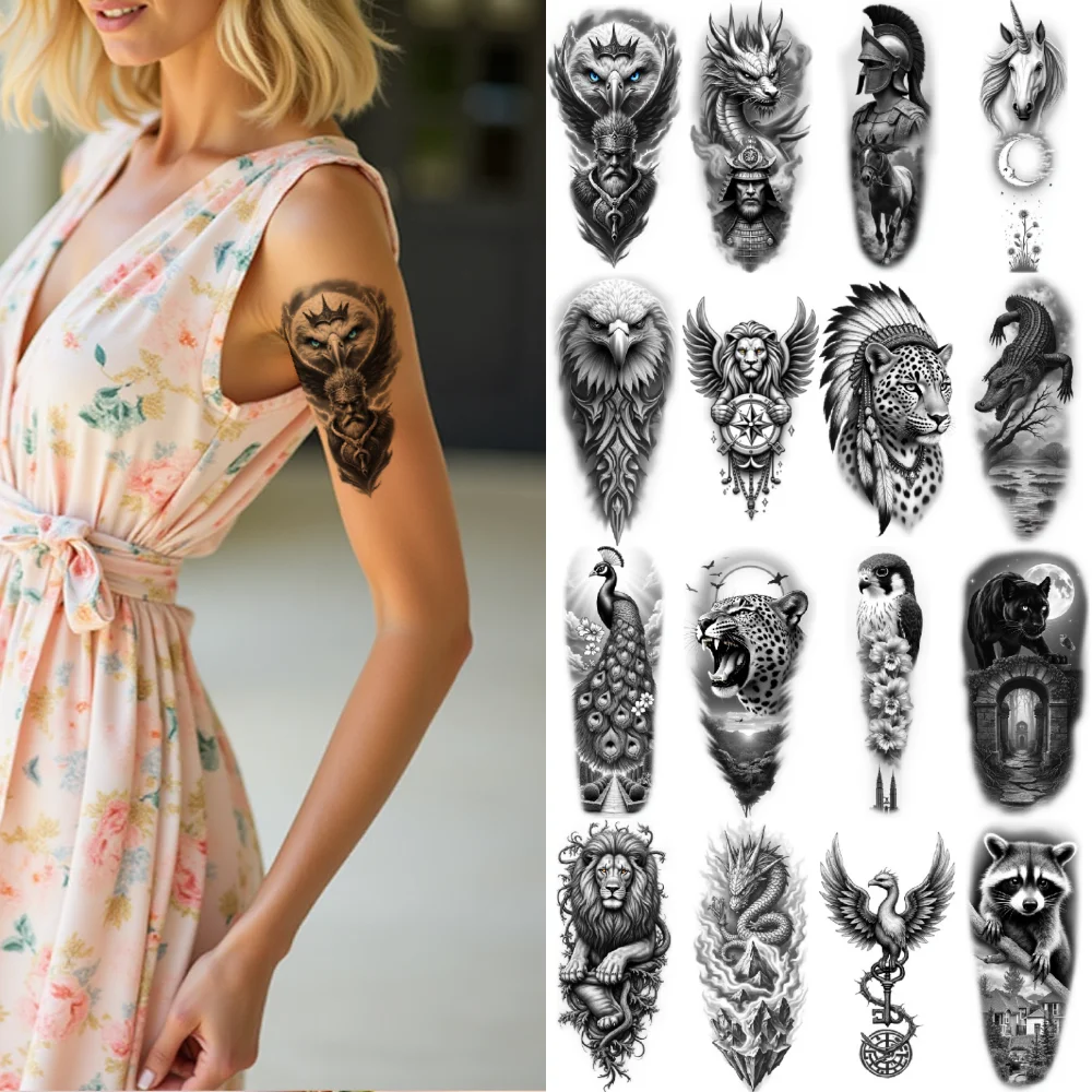 

12pcs Temporary Tattoo Waterproof Long-lasting Body Stickers Crocodile Wolf Clock For Arm Male Adult