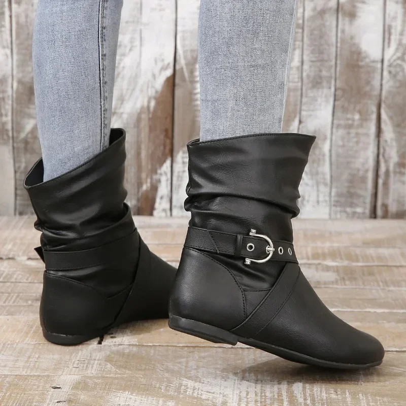 2024 Fashion Ladies Shoes Belt Buckle Women\'s Boots Fashion Slip-on Modern Boots Women Hot Sale Round Toe Shoes Women Zapatos