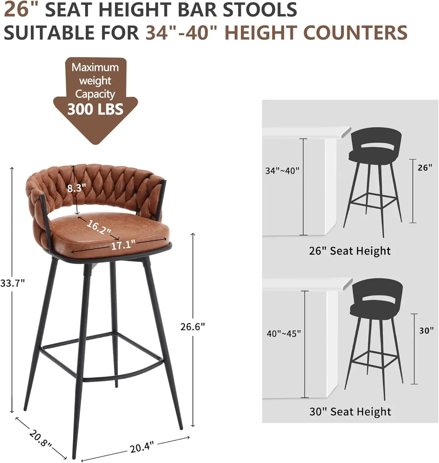 BV Counter Height Bar Stools Set of 2, 26' Seat Height, 180° Swivel, Woven Back & Footrest, Suede Fabric for Kitchen Island, Bar
