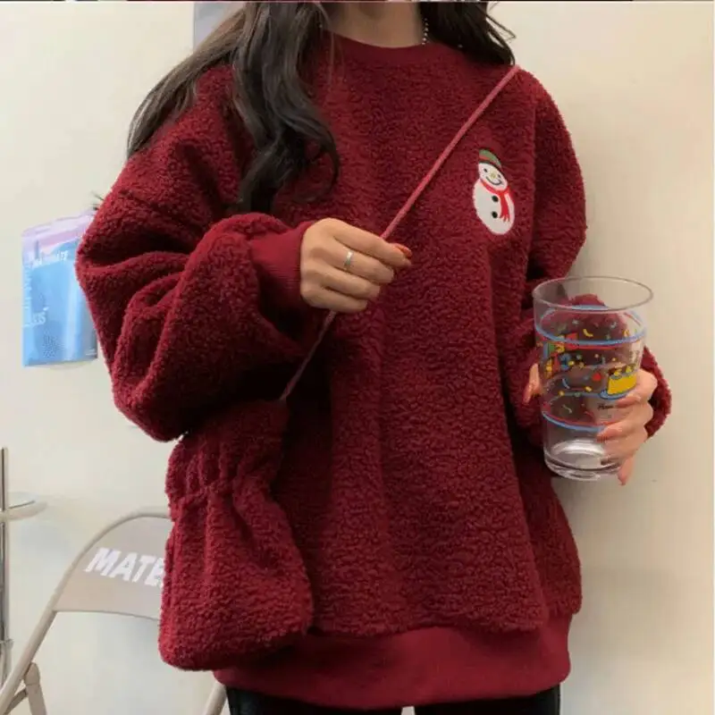 Autumn Winter Casual Oversized Fluffy Hoodie Women Christmas Tree Snowman Embroidery Fleece Pullover Sweatshirt Matching Bag