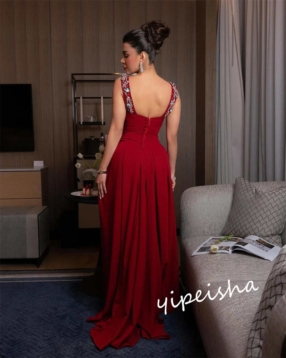 Jiayigong Prom Satin Beading Formal Evening A-line Square Neck Custom Occasion Gown Long Dresses