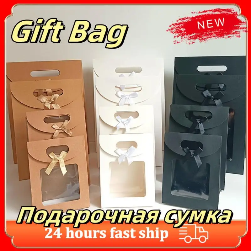 Gift Bag Clear Window Kraft Paper Bag Handle Candy Biscuits Cake Packing Box Eid Mubarak Gift Bag Christmas Подарочная Сумка