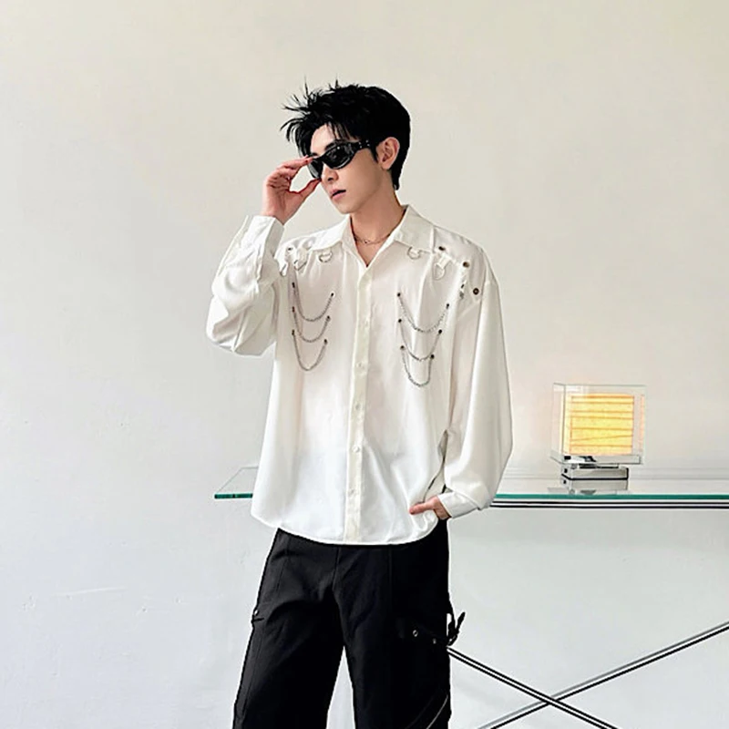 WTHT Fashion Men's Spliced Metal Chain Solid Color High Street Shirts Trendy Loose Long Sleeves Tops Male 2026 Summer 2A3066