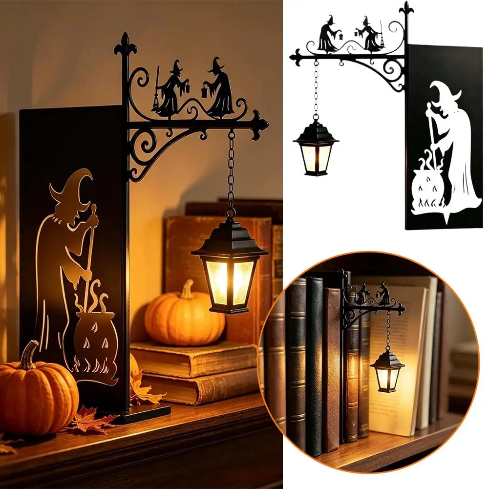 Witch Silhouette Bookshelf Light Metal Bookend Lamp Shadow Projection Warm Glow Dual‑use Decor For Reading Corner Dorm Halloween