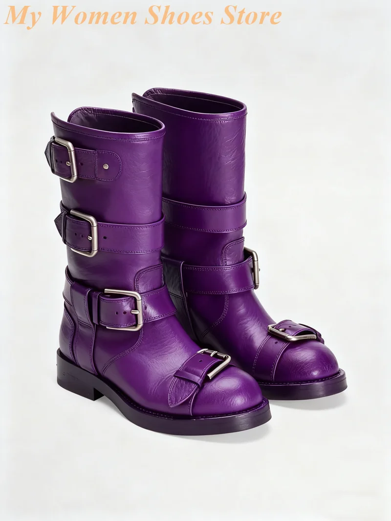 Buckle Strap Round Toe Ankle Booties Purple Pink Runway 2026 Winter Autumn Women Dress Shoes Block Middle Heel Zipper Shoes