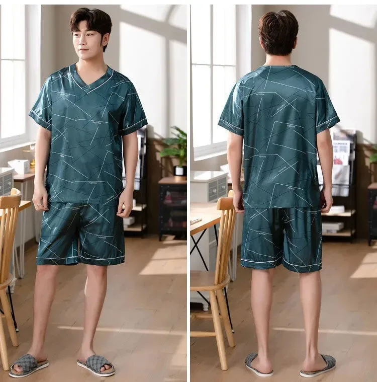 Pyjama Männer Eis Seide Kurzarm Student Homewear zweiteiliges Set von leicht zu reinigenden Kurzarm Shorts Nachtwäsche Lounge wear – Detail 7