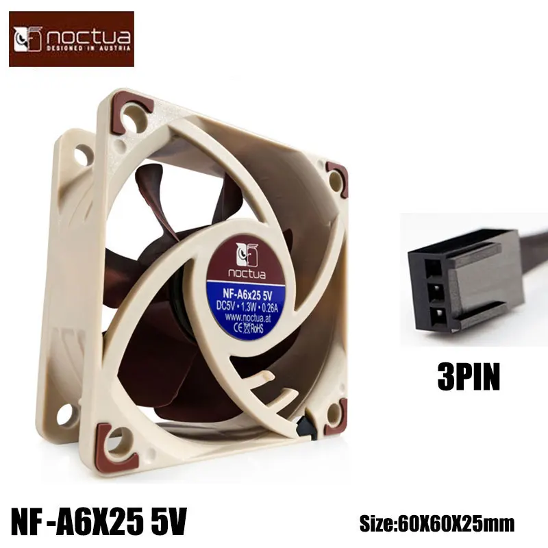 Noctua NF-A6X25 60x60x25mm 12 V/5 V 3pin/4pin PWM Intelligente Temperatuurregeling SSO Magnetisch Stabiel Lager 6 CM Fan